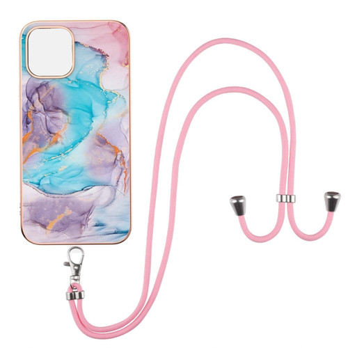 Electroplating Pattern IMD TPU Shockproof Case with Neck Lanyard for iPhone 13 - Milky Way Blue Marble