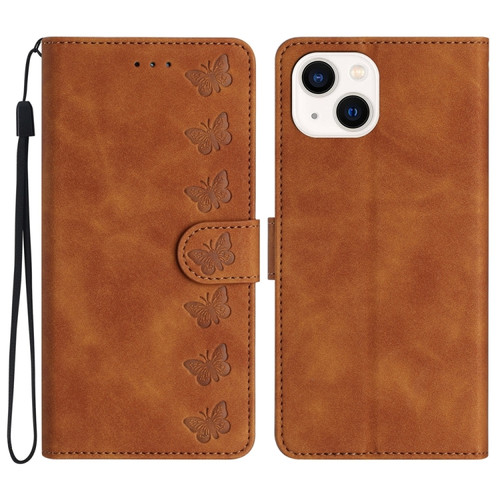 Seven Butterflies Embossed Leather Phone Case for iPhone 13 - Brown