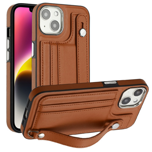 Shockproof Leather Phone Case with Wrist Strap for iPhone 13 - Brown