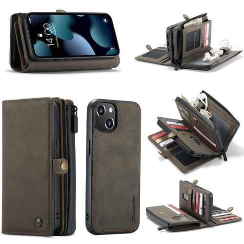 CaseMe-018 Detachable Multifunctional Horizontal Flip Leather Case with Card Slot & Holder & Zipper Wallet & Photo Frame for iPhone 13 - Brown