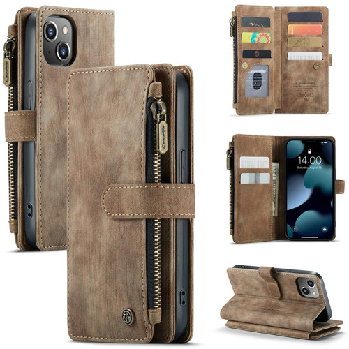 CaseMe-C30 PU + TPU Multifunctional Horizontal Flip Leather Case with Holder & Card Slot & Wallet & Zipper Pocket for iPhone 13 - Brown