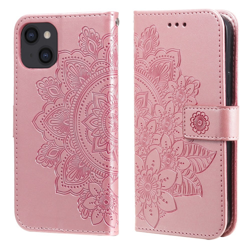 7-petal Flowers Embossing Pattern Horizontal Flip PU Leather Case with Holder & Card Slots & Wallet & Photo Frame for iPhone 13 - Rose Gold