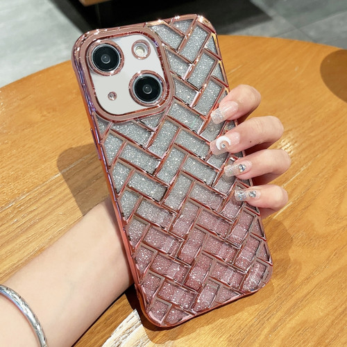 Woven Grid 3D Electroplating Laser Engraving Glitter Paper Phone Case for iPhone 13 - Rose Gold