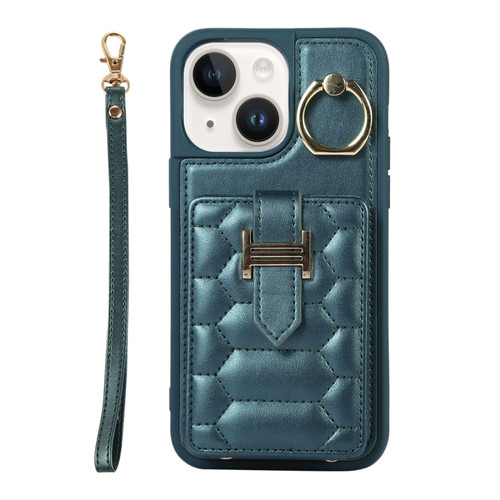 Vertical Card Bag Ring Holder Phone Case with Dual Lanyard for iPhone 13 - Dark Green