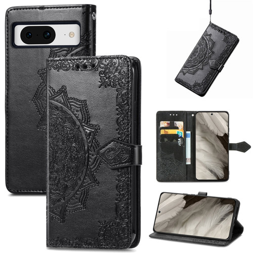 Mandala Flower Embossed Leather Phone Case for Google Pixel 8 - Black