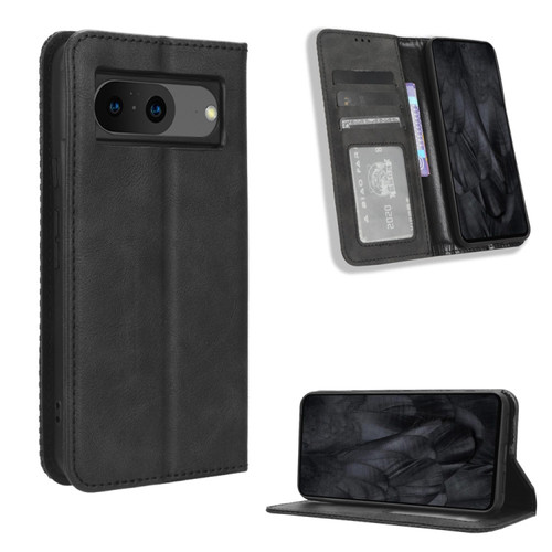 Magnetic Buckle Retro Texture Leather Phone Case for Google Pixel 8 - Black