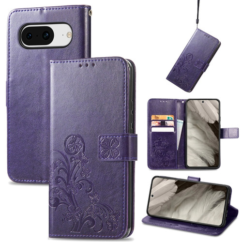 Four-leaf Clasp Embossed Leather Phone Case for Google Pixel 8 - Purple