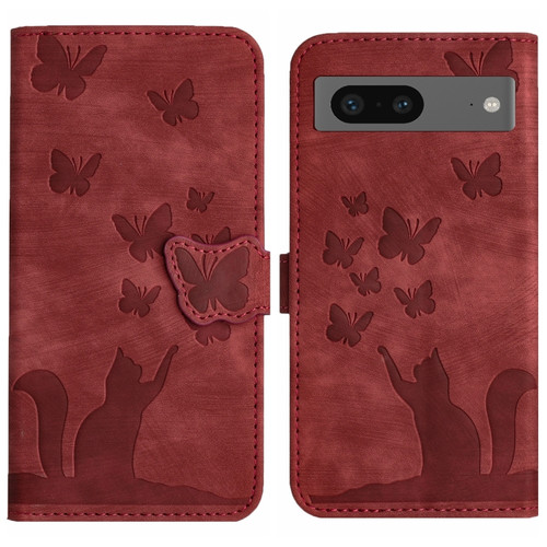 Butterfly Cat Embossing Flip Leather Phone Case for Google Pixel 8 - Red
