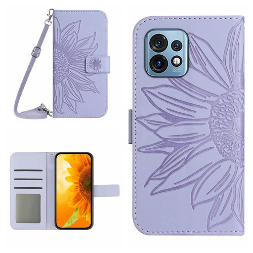 HT04 Skin Feel Sun Flower Embossed Flip Leather Phone Case with Lanyard for Motorola Edge+ 2023 - Purple