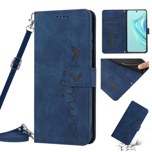 Skin Feel Heart Pattern Leather Phone Case with Lanyard for Motorola Moto X40/X40 Pro/Edge+ 2023 - Blue