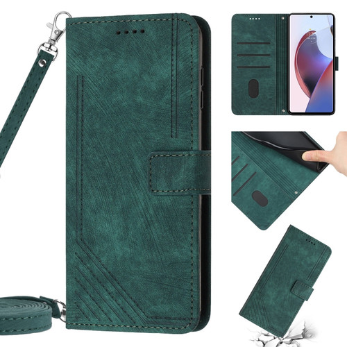 Skin Feel Stripe Pattern Leather Phone Case with Lanyard for Motorola Moto X40/X40 Pro/Edge+ 2023 - Green