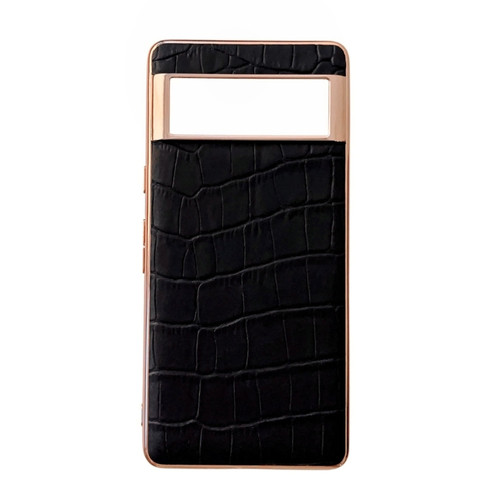 Crocodile Texture Genuine Leather Electroplating Phone Case for Google Pixel 7 Pro - Black