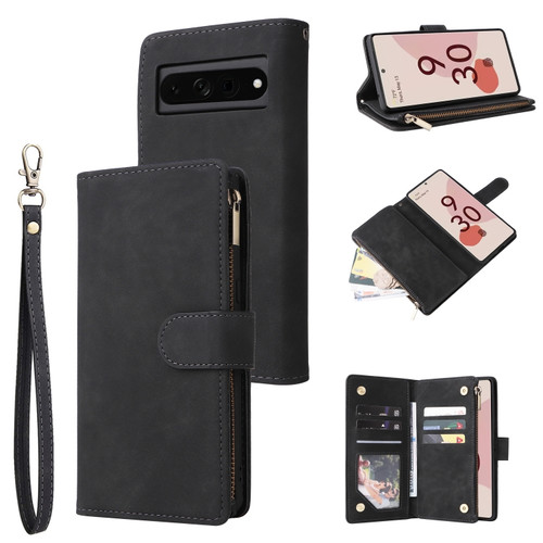 Multifunctional Frosted Zipper Wallet Leather Phone Case for Google Pixel 7 Pro - Black