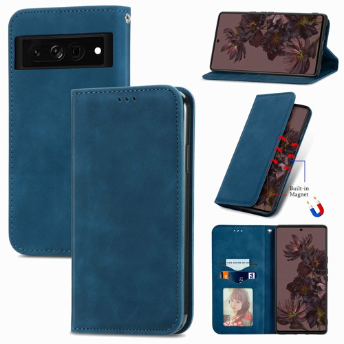 Retro Skin Feel Magnetic Leather Phone Case for Google Pixel 7 Pro - Blue