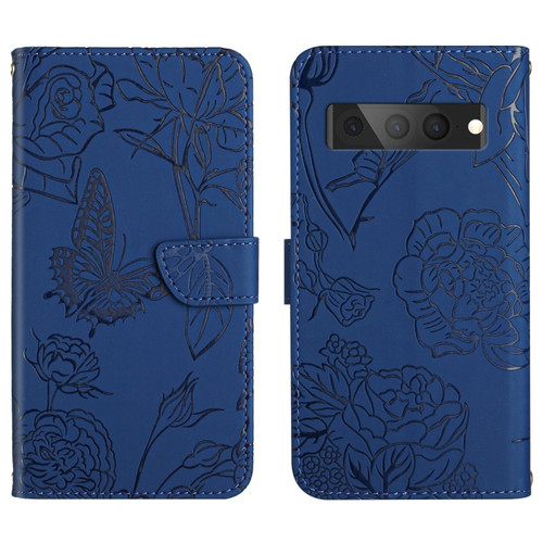 Skin Feel Butterfly Peony Embossed Leather Phone Case for Google Pixel 7 Pro - Blue