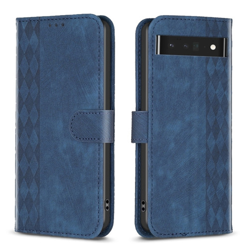 Plaid Embossed Leather Phone Case for Google Pixel 7 Pro - Blue