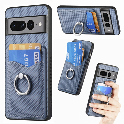 Carbon Fiber Card Wallet Ring Holder Phone Case for Google Pixel 7 Pro - Blue