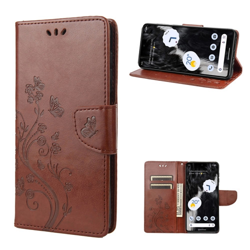 Butterfly Flower Pattern Flip Leather Phone Case for Google Pixel 7 Pro - Brown