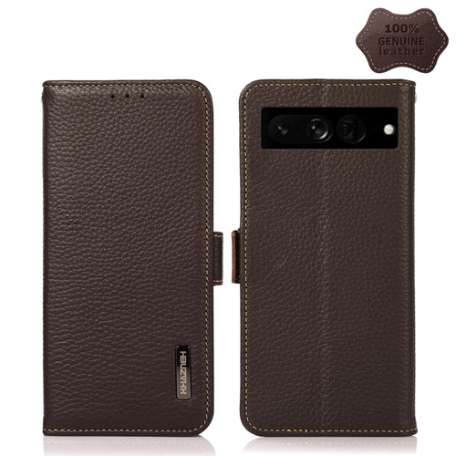 KHAZNEH Side-Magnetic Litchi Genuine Leather RFID Phone Case for Google Pixel 7 Pro - Brown