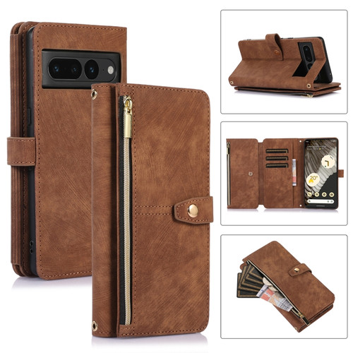 Dream 9-Card Wallet Zipper Bag Leather Phone Case for Google Pixel 7 Pro - Brown