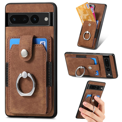 Retro Skin-feel Ring Card Wallet Phone Case for Google Pixel 7 Pro - Brown