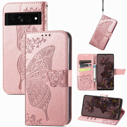 Butterfly Love Flower Embossed Leather Phone Case for Google Pixel 7 Pro - Rose Gold