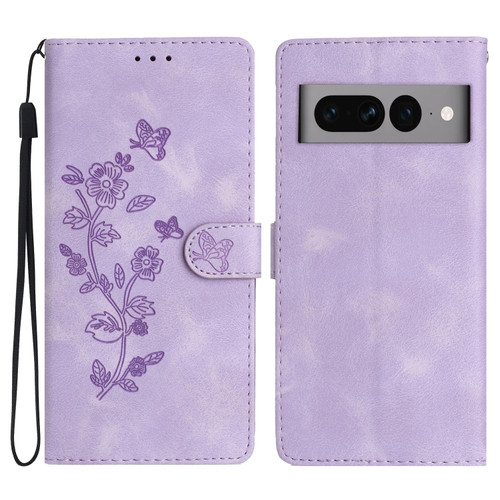 Flower Butterfly Embossing Pattern Leather Phone Case for Google Pixel 7 Pro - Purple