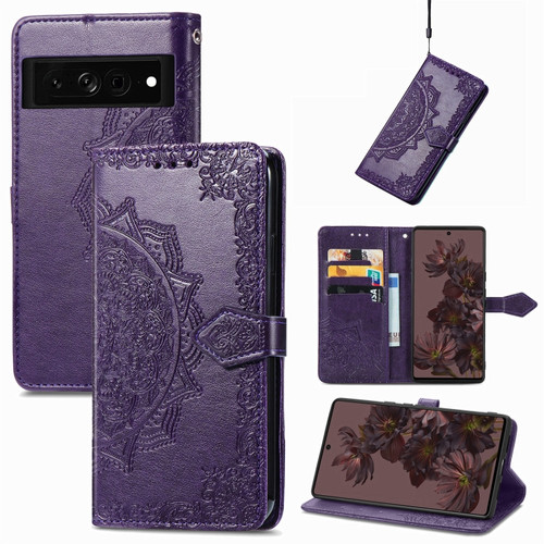 Mandala Flower Embossed Leather Phone Case for Google Pixel 7 Pro - Purple