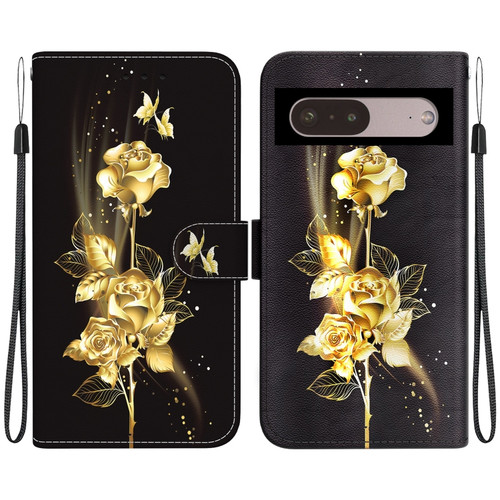 Crystal Texture Colored Drawing Leather Phone Case for Google Pixel 7 Pro - Gold Butterfly Rose