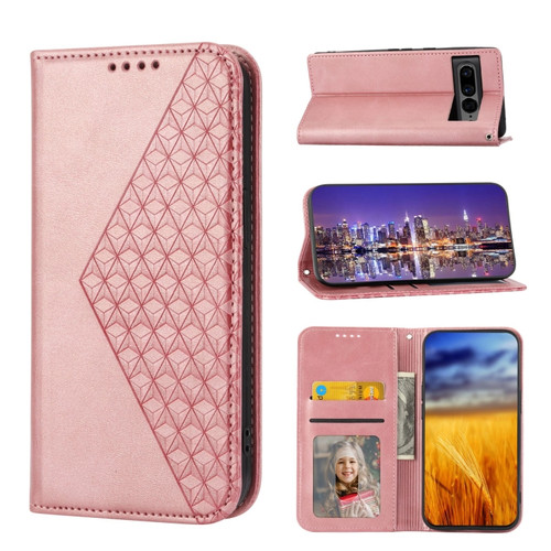 Cubic Grid Calf Texture Magnetic Closure Leather Phone Case for Google Pixel 7 Pro - Rose Gold