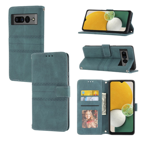 Embossed Striped Magnetic Buckle Horizontal Flip Phone Leather Case for Google Pixel 7 Pro - Green