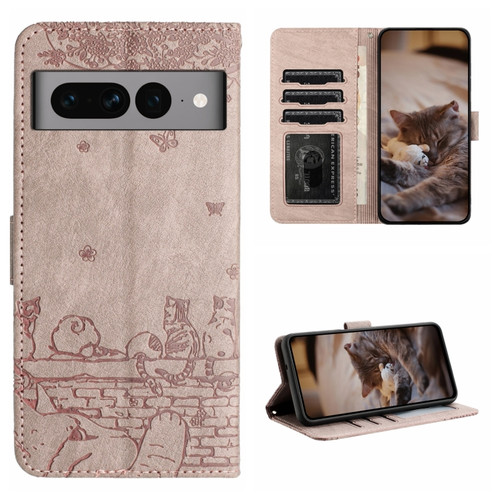 Cat Embossing Pattern Leather Phone Case with Lanyard for Google Pixel 7 Pro - Grey