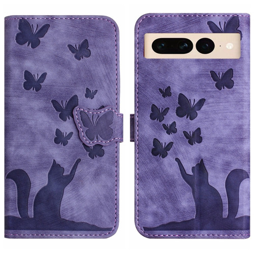 Butterfly Cat Embossing Flip Leather Phone Case for Google Pixel 7 Pro - Purple