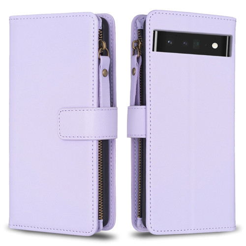 9 Card Slots Zipper Wallet Leather Flip Phone Case for Google Pixel 7 Pro - Light Purple