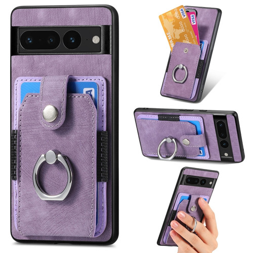 Retro Skin-feel Ring Card Wallet Phone Case for Google Pixel 7 Pro - Purple