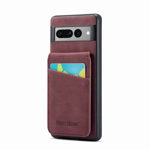 Fierre Shann Crazy Horse Card Holder Back Cover PU Phone Case for Google Pixel 7 Pro - Wine Red