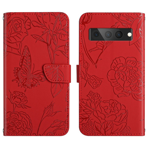 Skin Feel Butterfly Peony Embossed Leather Phone Case for Google Pixel 7 Pro - Red