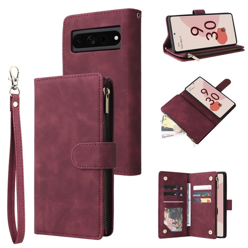 Multifunctional Frosted Zipper Wallet Leather Phone Case for Google Pixel 7 Pro - Wine Red