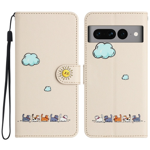 Cartoon Cats Leather Phone Case for Google Pixel 7 Pro - Beige White