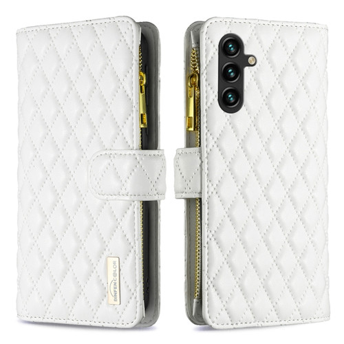 Diamond Lattice Zipper Wallet Leather Flip Phone Case for Samsung Galaxy A14 5G - White