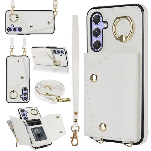 Zipper Card Bag Phone Case with Dual Lanyard for Samsung Galaxy A14 5G - White