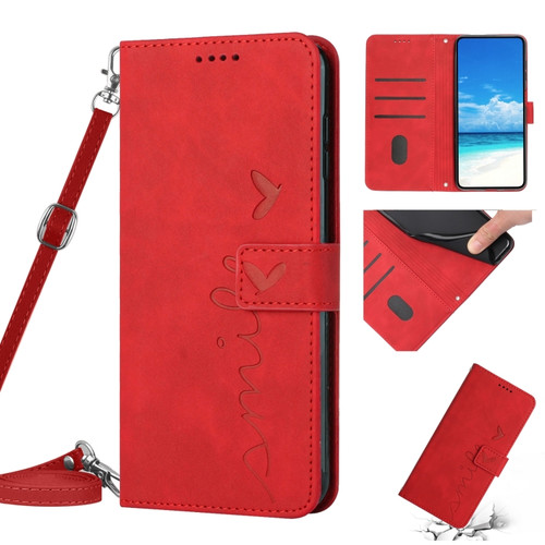 Skin Feel Heart Pattern Leather Phone Case With Lanyard for Samsung Galaxy A14 5G - Red