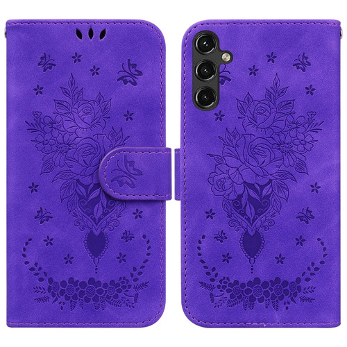 Butterfly Rose Embossed Leather Phone Case for Samsung Galaxy A14 5G - Purple