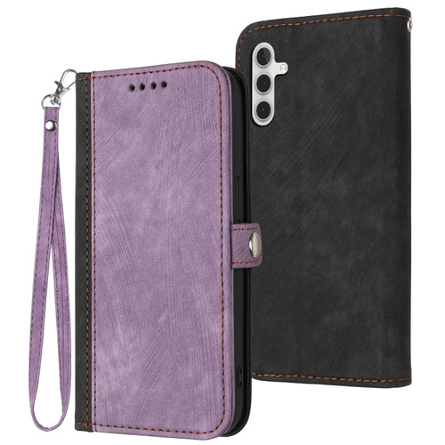 Side Buckle Double Fold Hand Strap Leather Phone Case for Samsung Galaxy A14 5G - Purple