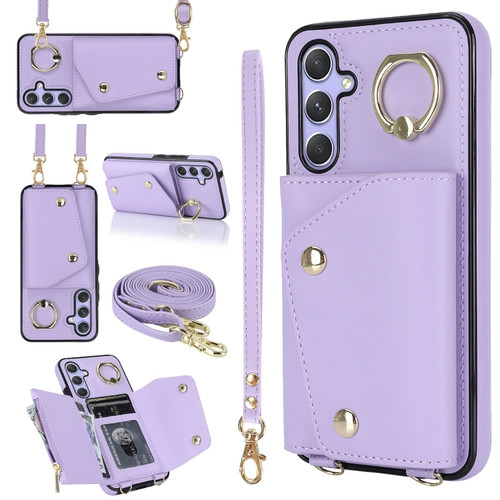 Zipper Card Bag Phone Case with Dual Lanyard for Samsung Galaxy A14 5G - Purple