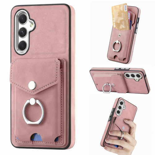 Electroplating Skin-feel Leather Ring Card Wallet Phone Case for Samsung Galaxy A14 5G - Pink