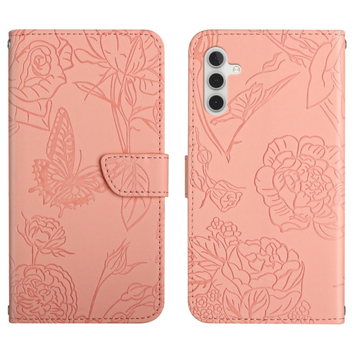 HT03 Skin Feel Butterfly Embossed Flip Leather Phone Case for Samsung Galaxy A14 5G - Pink