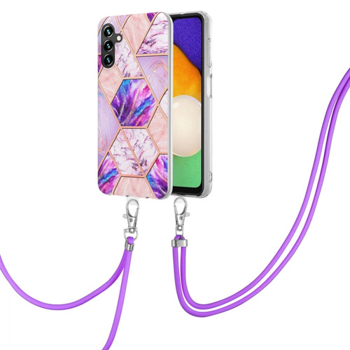 Electroplating IMD Splicing Dual-side Marble TPU Phone Case with Lanyard for Samsung Galaxy A14 5G - Light Purple