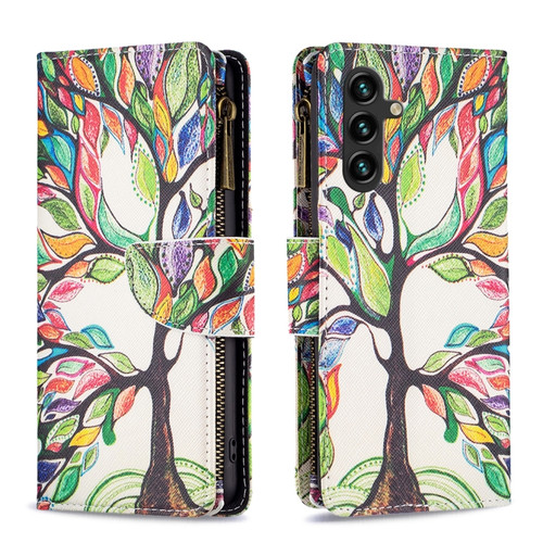 Colored Drawing Pattern Zipper Leather Phone Case for Samsung Galaxy A14 5G - Big Tree