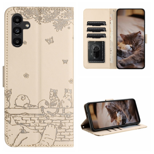 Cat Embossing Pattern Leather Phone Case with Lanyard for Samsung Galaxy A14 5G - Beige